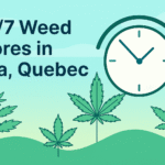 Illustration of cannabis plants under a sky with a clock symbol, alongside the text "24/7 Weed Stores in Oka, Quebec."