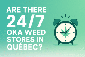 Graphic showing "Are There 24/7 Oka Weed Stores in Québec?" with a cannabis-themed alarm clock illustration on a green gradient background.