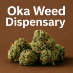 Close-up of cannabis buds with the title "Oka Weed Dispensary" in bold white text on a brown background.